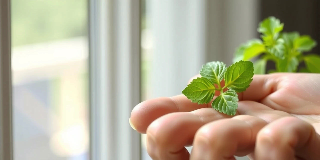 A serene image of a hand gently holding a single, vibrant green herb with soft, blurred natural light in the background.