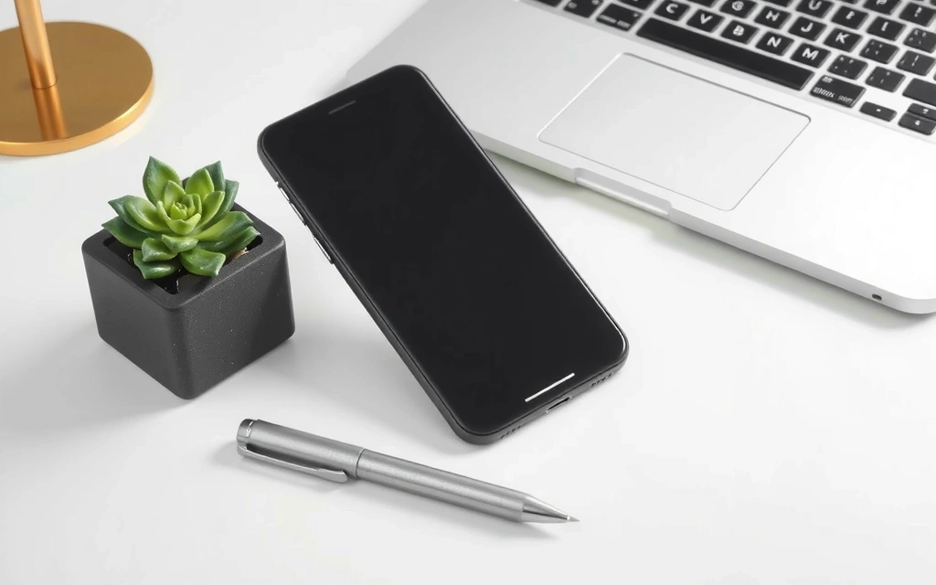 Minimalist desk with phone, pen, and plant symbolizing communication