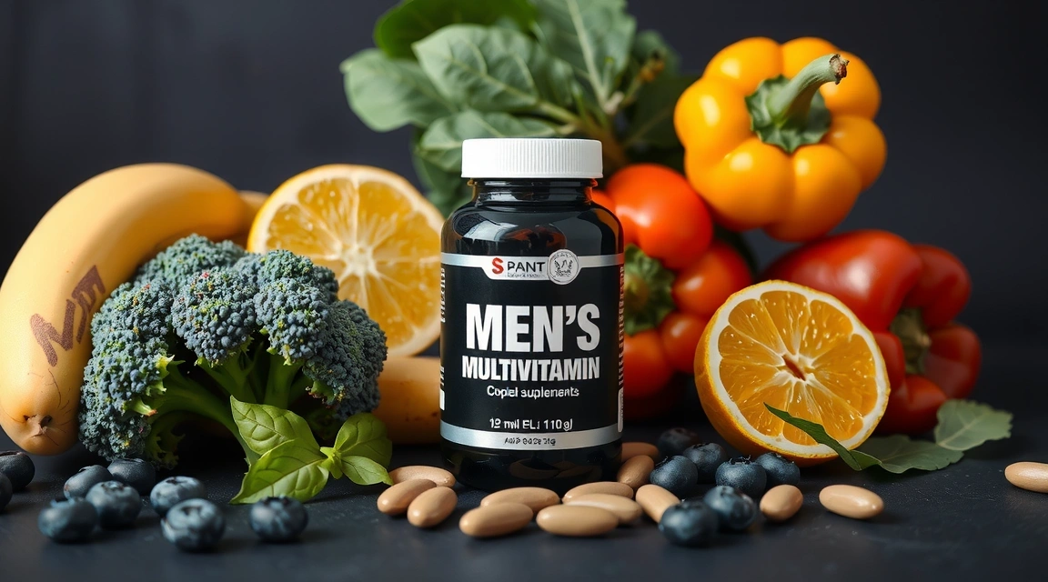 A vibrant display of fresh, colorful fruits and vegetables alongside a sleek bottle of men's multivitamin supplements, emphasizing natural ingredients and complete nutrition.