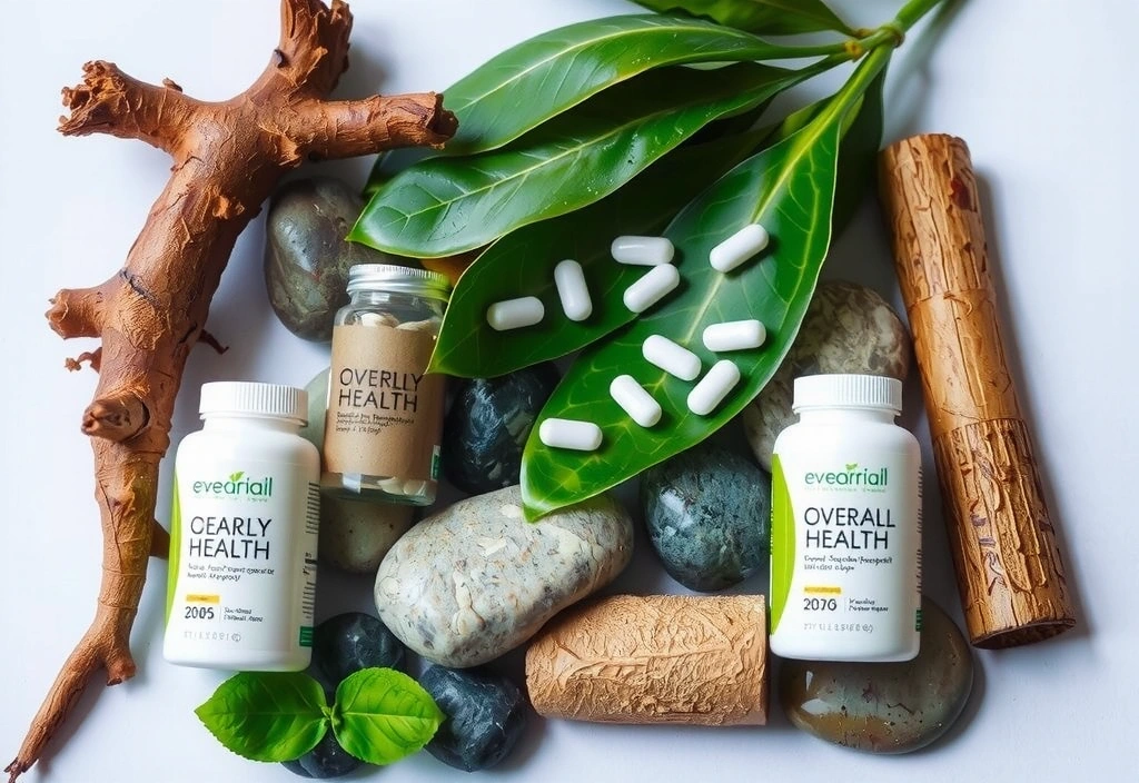 Natural elements like roots and leaves supporting overall health with supplement bottles