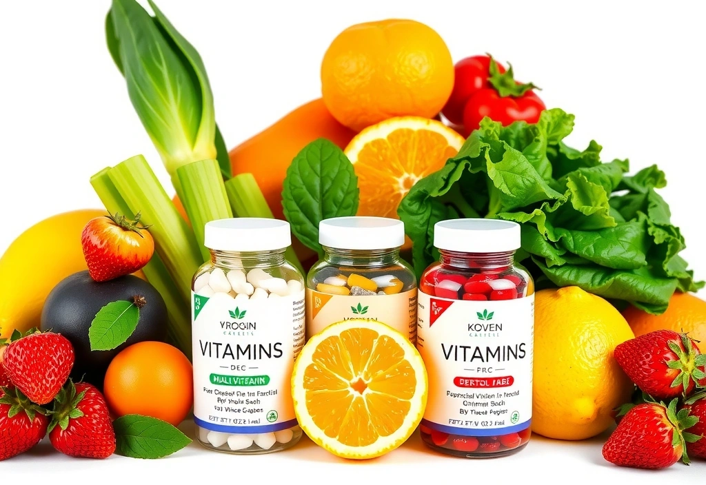 Various colorful fruits and vegetables symbolizing vitamins with supplement bottles