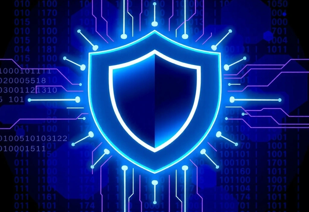 A digital shield icon with a network background, representing strong data security.