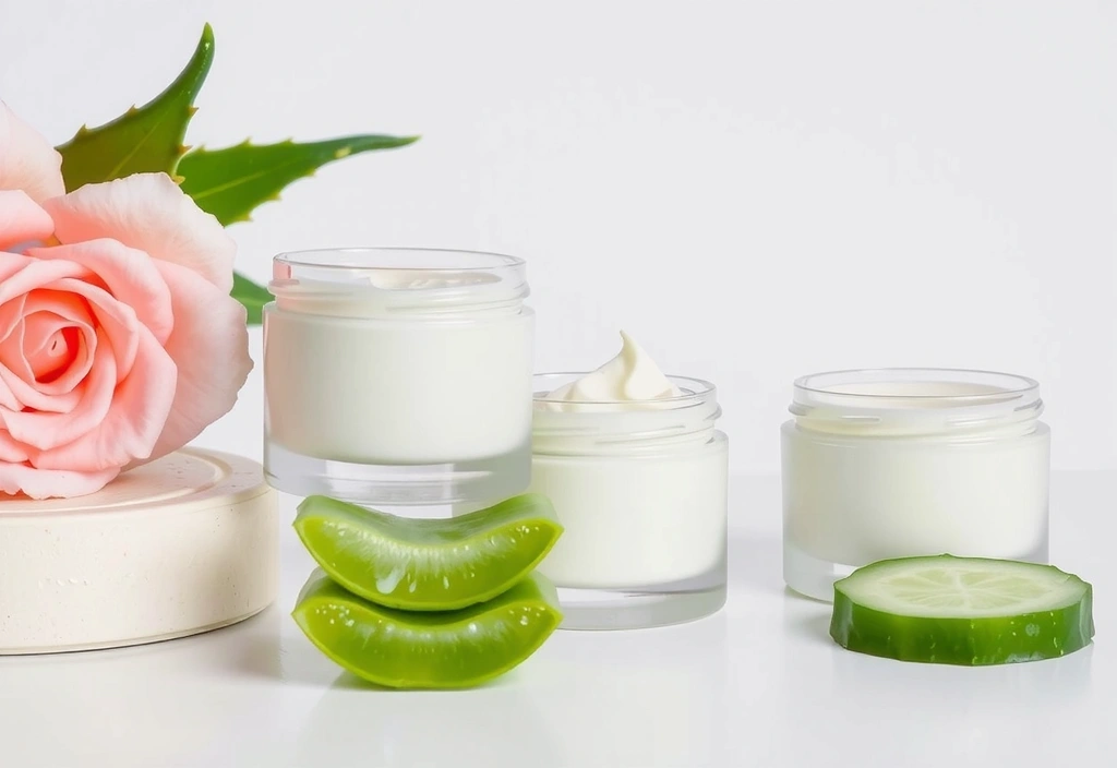 Image of hydrating ingredients with elegant cream jars